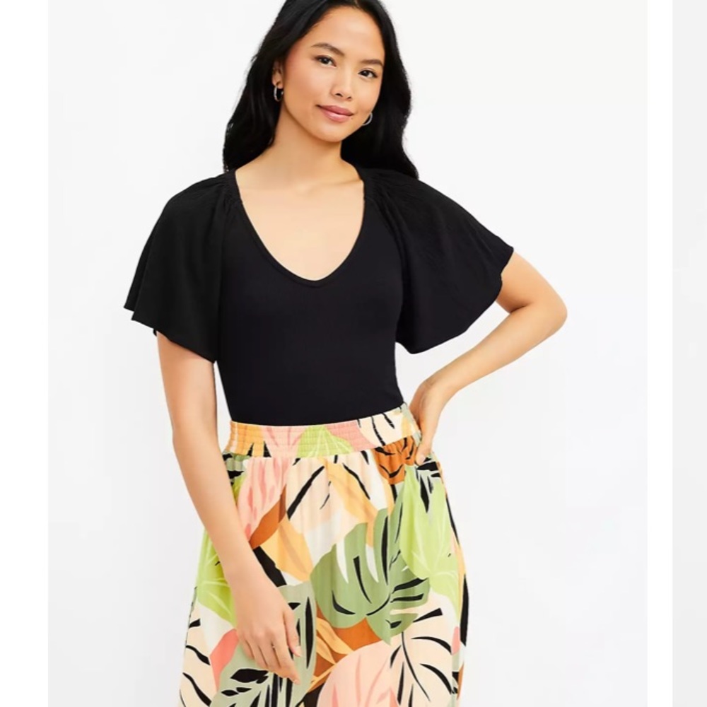 LOFT NWT Petite Ribbed Flutter Sleeve Mixed Media Top - Black